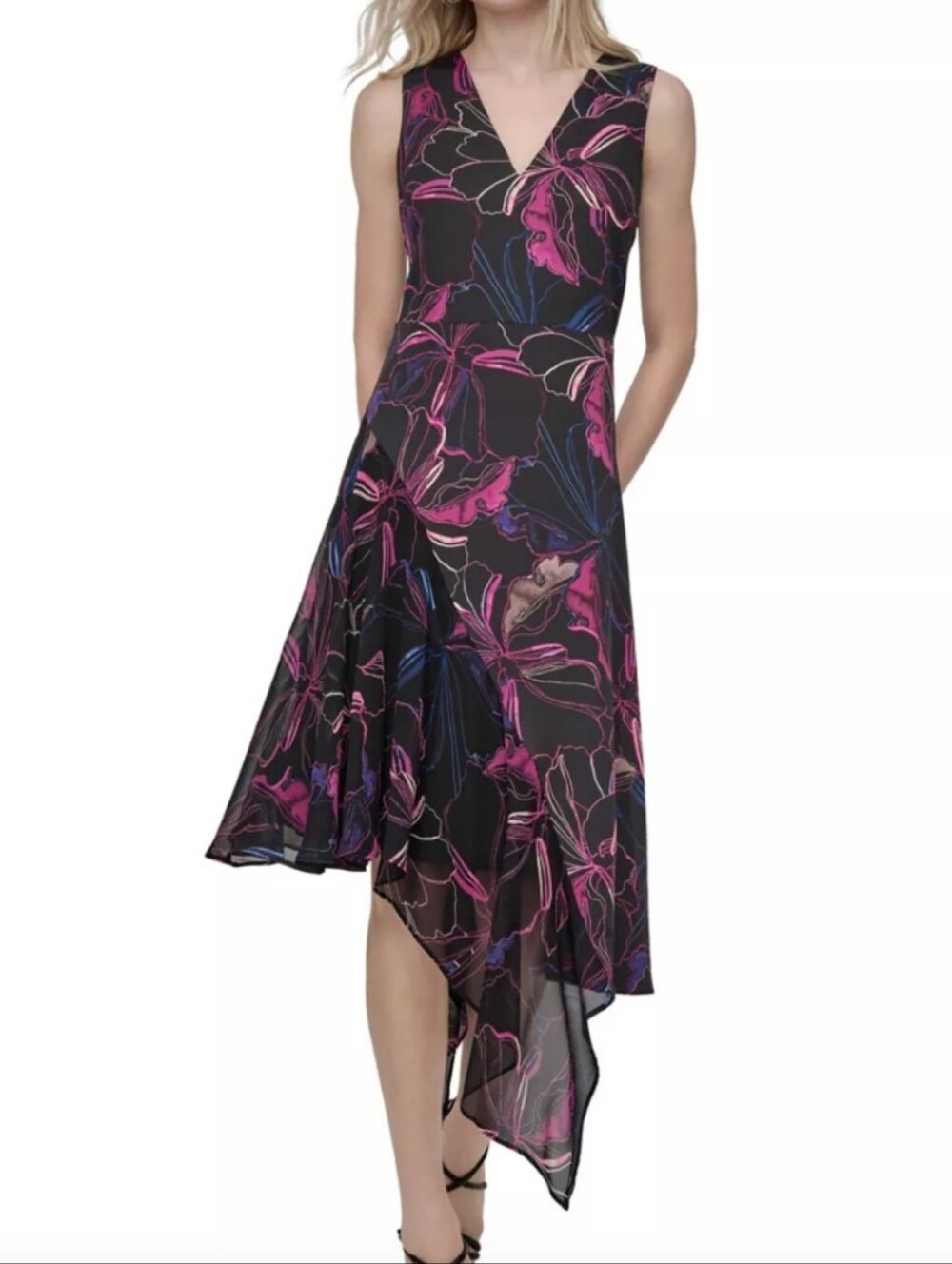 DKNY V-Neck Sleeveless Asymmetrical Midi Dress